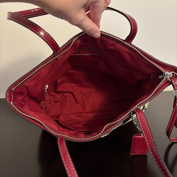 Coach Signature Khaki Red Stripe Red Patent Leather Medium Tote - Picture 10 of 11